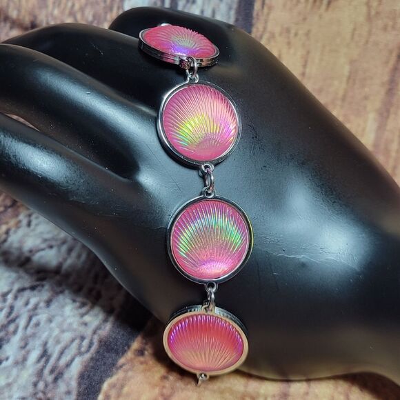 Pink Topaz Seashell Charm Station Bracelet - Picture 7 of 11